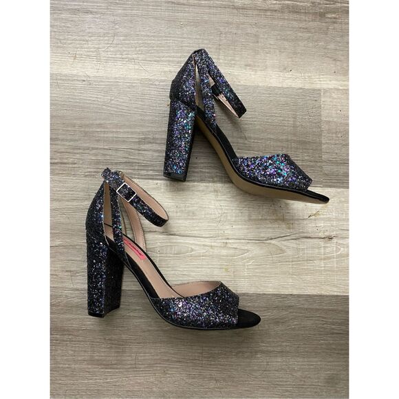 Betsey Johnson Glissten Black Blue Sparkle Peeptoe Heel Shoe, Sz 8.5, MSRP $109 - Picture 3 of 10